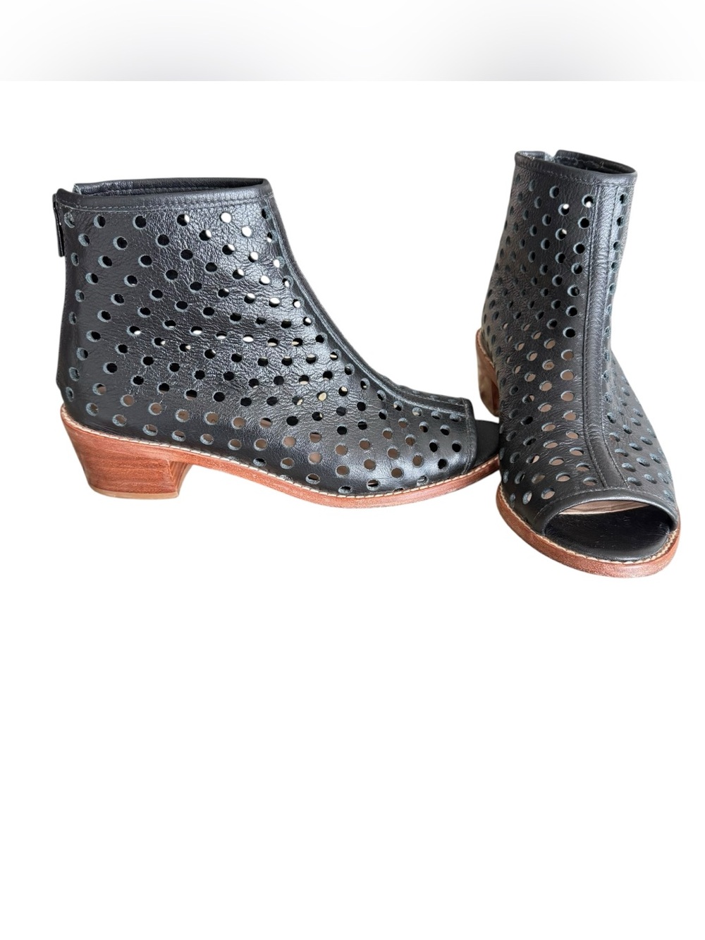 Loeffler Randall Lone Open Toe Ankle Zip Boot Black Perforated Leather Bootie